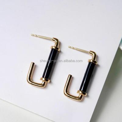 China Trendy High Quality Women Real 18k Gold Design Style Black Agate Stick Geometric Simple Earrings TRENDY Jewelry for sale