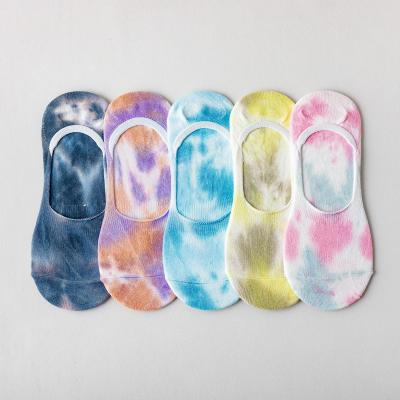 China New beautiful fashionable colors QUICK DRY cotton women non-slip socks tie-dye invisible short boat socks for sale