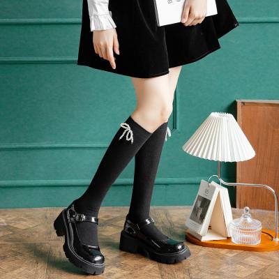 China QUICK DRY Pearl Bowknot Calfskin Boots Girls Knee High Socks Luxury for sale