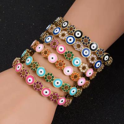 China 2022 Fashion Personality Fashion Copper Bracelet Copper Plated Micro-Inlaid Zircon Drop Oil Around Devil's Eye Opening Bracelet for sale