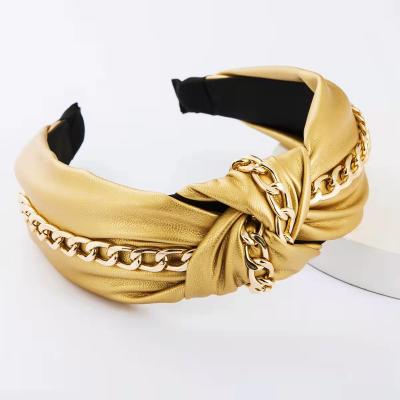 China Atmospheric Alloy Chain Headband Imitation Leather Girls Jewelry Hair Accessories Fashion Personality Wide Knotted Korean Headband for sale