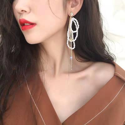 China Tassel earrings 925 needle silver zircon pearl tassel earrings European and American long fashion exaggerated net red earrings for sale