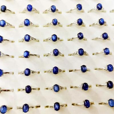 China Wholesale Trendy Charm Gemstone Oval 6*8MM Natural Smooth Kyanite 925 Silver Rings for sale