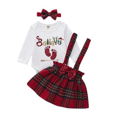 China Breathble Comfortable 2021 Kids Autumn Suit Long Sleeve Top + Check Print Suspender Skirt 2Pcs Babies Clothes Sets for sale