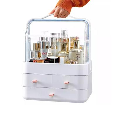 China Modern Household Cosmetic Rack Plastic Makeup Organizer Jewelry Storage Box with Handle for sale