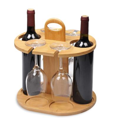 China Sustainable 100% Bamboo Wooden Wine Rack Storage Set Holds 2 Bottles And 4 Wine Glasses for sale