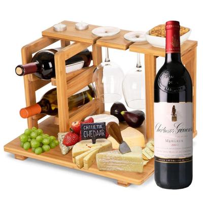 China Sustainable bamboo wine and cheese display board with wine cart, wine bottle and glass rack for sale