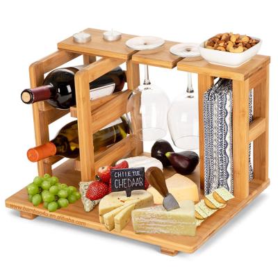 China Sustainable Bamboo Wooden Wine Rack And Cheese Display Board With Wine Cart, Wine Bottle And Glass Rack for sale