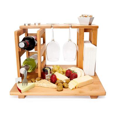 China Sustainable Bamboo Wooden Wine And Cheese Display Board With Wine Cart Bottle Holder for sale