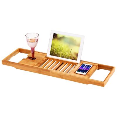 China Sustainable Natural Bamboo Bathtub Tray Bath Cart with Expanding Sides Book Tray Organizer Adjustable Holder for Phone and Wine Glass for sale