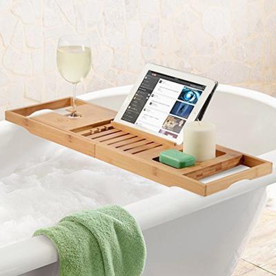 China Sustainable Bamboo Tub Cart Tray with Widening Sides for Reading Stand Tablet Holder Cell Phone Tray and Wine Glass Holder for sale