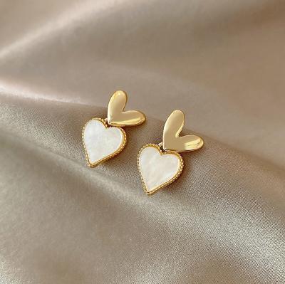 China CLASSIC Double Heart White Enamel Drop Earrings for sale