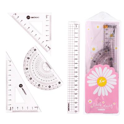 China Measruing Ruler 4 Pieces Geometry Math Tool Protractor Triangle Plastic Clear Ruler Set for sale