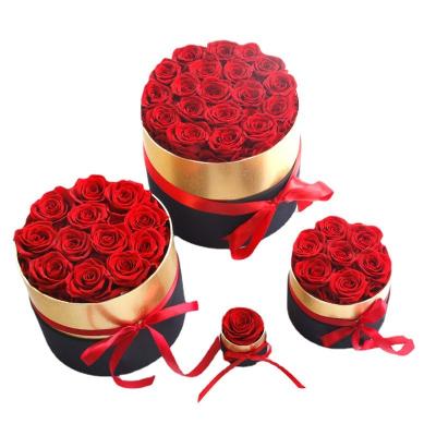 China Wholesale Natural Fresh Rose Box Preserved Roses Preserved Flower Eternal Preserved Roses In Gold Edge Round Box for sale