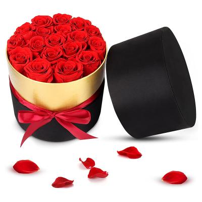 China Real Rose Wholesale Preserved Romantic Preserved Box Roses Preserved Flower Eternal Preserved Rose in Gold Middle Edge Round Box for sale