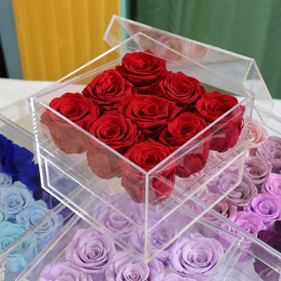 China Real Rose Factory Wholesale Eternal Everlasting Preserved Romantic Rose Box With Drawer Preserved Rose Flower In 9 roses adjust acrylic jewelry box for sale