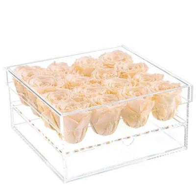 China Real Rose Factory Wholesale Eternal Everlasting Preserved Romantic Rose Box With Drawer Preserved Rose Flower In 16 roses fit acrylic jewelry box for sale