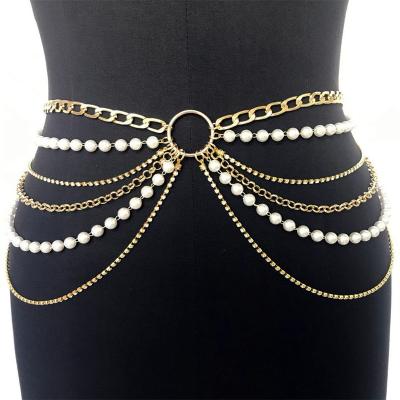 China Pretty Sexy Belly Chain Luxury Rhinestone Ring Pearl Metal Chain Rhinestone Waist Chain Multilayer Accessories Hot-selling Wholesale for sale