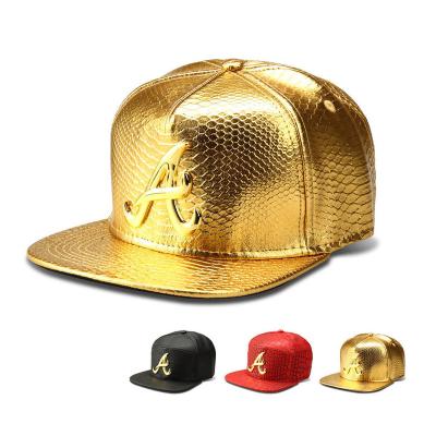 China Common Logo Mens Snapback Cap For Hip Hop Design Fashion Brim Applique Hat Unisex Gold Leather Adjustable Hat Dad Flat Logo Boy for sale