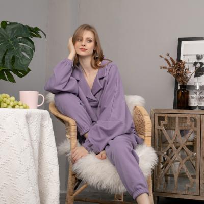 China KL1021 New Version Solid Color Women's Loose V-Neckline Loose Casual Korean QUICK-DRY Two-Piece Thin Home Service Long Sleeve Pajamas for sale