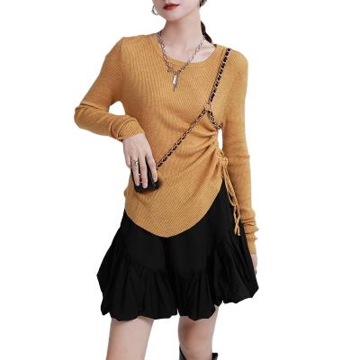 China Anti-wrinkle 2021 autumn new design side slit drawstring slimming round neck chic top push-up long sleeve sweater shirt2406 for sale