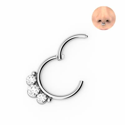 China Hera316L Stainless Steel Jewelry Nose Ring Zircon Hinge Click Segment Simple Silver Nose Circle Earrings Pierced Body Jewelry for sale