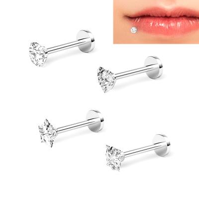 China Hera Jewelry 316L Stainless Steel Simple Round Star Square Heart Shape White Zircon Internally Threaded Labret Lip Piercing Stud for sale