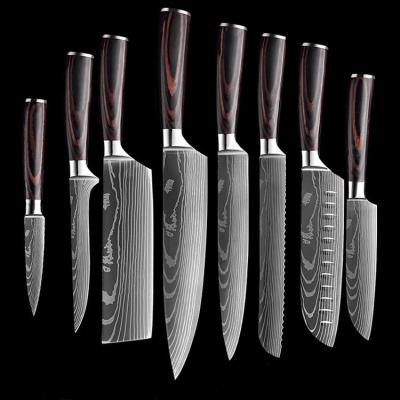 China Viable Customized Modern 8 PCs Sharp Wooden German Chef Steak Damascus Stainless Steel Knife Kitchen Knife Set for sale