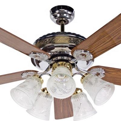 China Low Noise Air Cooling Home Decorative 52 Inch Nickel European Brushed Ceiling Fan Light With 5 Plywood Blades, Pull Chain Control for sale