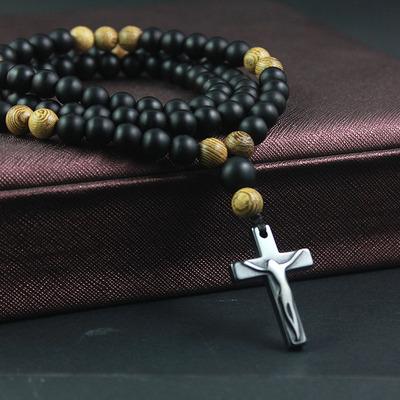 China 2021 New Design Religious Wooden Beads With Matte Black Beads Necklace Men's Hematite Crucifix Charm Necklaces for sale