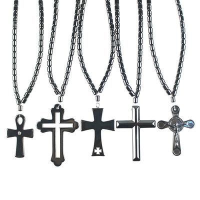 China 2021 Hot Sale Natural Black Round Stone Religious Beads Necklace With Screw Clasp Energy Stone Hematite Magnetic Cross Pendant Necklaces for sale