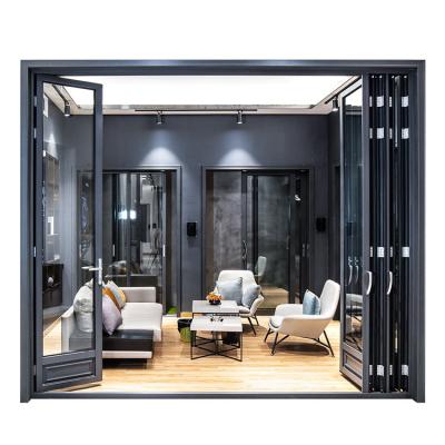 China DEJIYOUPIN Exterior Tempered Glass Thermal Break Aluminum Double Folding Door Modern Bifold Sliding Entry Doors for sale