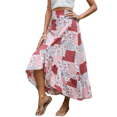 China The new summer 2021 European and American wholesale breathable chiffon over the knee skirt printed irregular skirt for sale