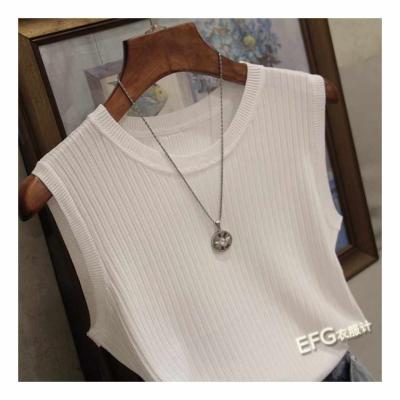 China 2021 Summer Breathable Sleeveless Ice Silk Knitted Women's Vest With Wide Straps And Round Neckline for sale