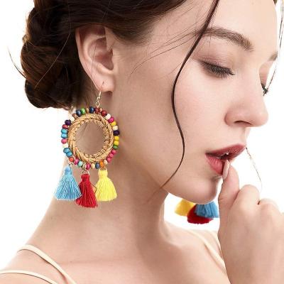 China Handmade Jewelry Rattan Earrings Unique Trendy Geometric Earrings Handwoven Fine Korean Wooden Wholesale TRENDY Hook Earrings for sale