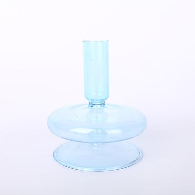 China Home Decoration Chinese Made Candlestick High 23 Cm Blue Glass Candlestick Export Wholesale for sale