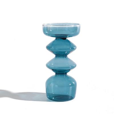 China Modern Wholesale Special Shaped High Borosilicate Blue 13.5cm Wide Glass Vase for sale