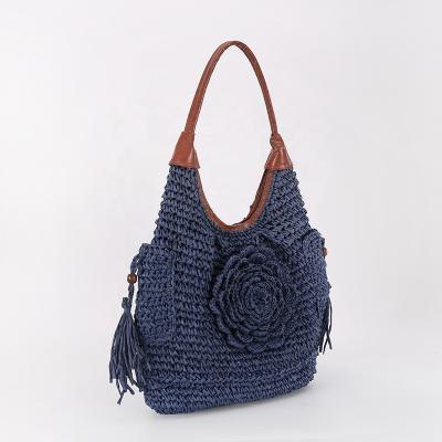 China Eco Friendly PU Handle Straw Hand Bag Blue Color for sale