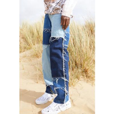 China Breathable Men Wash Casual Straight Splice Tassel Patchwork Jeans Pants Male Fashion Streetwear Loose Integral Hip Hop Denim Jeans for sale