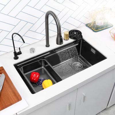 China With Waterfall Sink Undermount Kitchen Sink Bowl Stainless Steel Hidden Single Sink Faucet With Basket Strainer Drain for sale