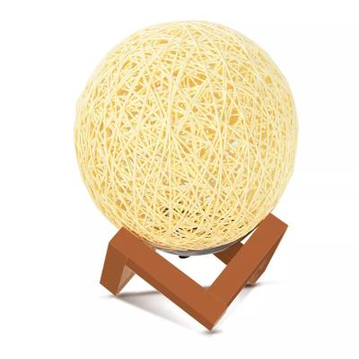 China Modern Rattan Ball Moon Lamp 5.9 Inch 3D LED Globe Table Night Light USB Powered Dimmable With Solid Wood Base For Kids for sale