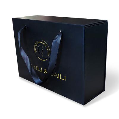 China Reused Materials Premium Luxury Cardboard Magnetic Logo Custom Box With Handle Wig Hair Extension Magnetic Packaging Box for sale