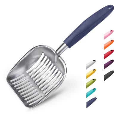 China Aluminum Alloy Sieve Kitty Metal Scooper Metal Cat Garbage Shovel Durable Heavy Duty Stocked Scoop With Long Handle For Poop Sifting for sale