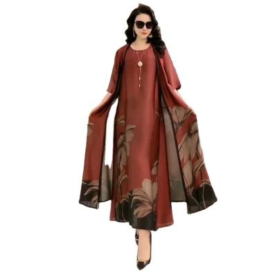 China Anti-pilling Spot wholesale custom middle-aged and elderly mothers wearing formal dress, large printed long-sleeve dress and thin coat for sale