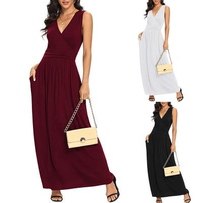 China Anti-wrinkle Sexy fashion Sleeveless V-neck solid color high-waisted women's 2022 New beach dress Wish loose and slim for sale