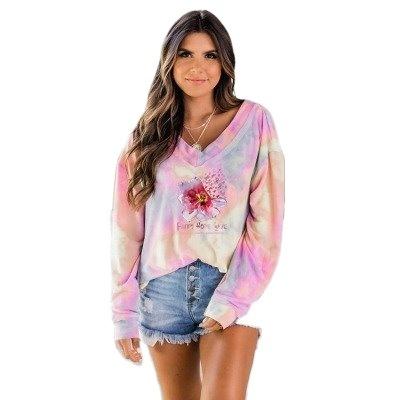 China 2022 Anti-Wrinkle Women's T-shirts Tie Dye Printing Long Sleeve Women's V-Neck Plus-Size Casual T-Shirt OME Tops for sale