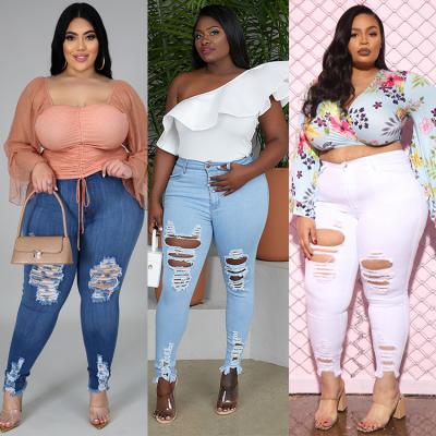 China QUICK DRY in stock wholesale plus size jeans for fat women Xl-5xl jeans class ripped jeans women for sale