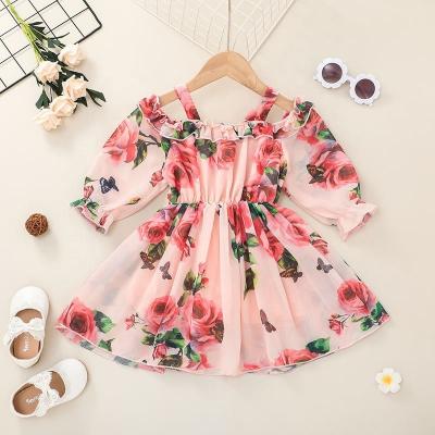 China Hot Selling Anti-wrinkle Girls Dress 2 To 6 Years Old Floral Printing Strap Off The Shoulder Vintage Summer Soft Girl's Dresses for sale