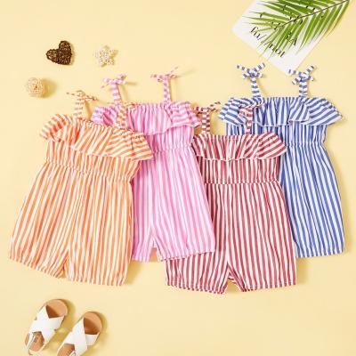 China ODM Toddler Girl's New Summer 2021 Shoulder Strap Ruffle Lace Soft And Comfortable Trim Sleeveless Striped Jumpsuit Kid's Sleeveless Clothes for sale