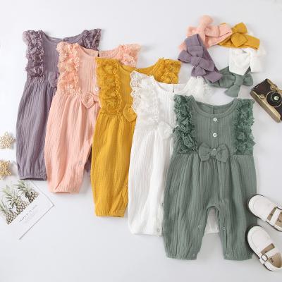 China Short Sleeves Baby Romper 3M To 12M Summer Bodysuits With Headband Solid Wholesale Babies Infant Rompers for sale